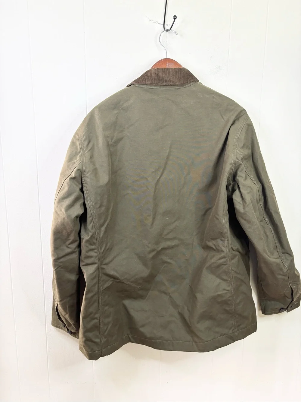 Buck Mason surplus green dry waxed canvas highland jacket size L men’s flaw